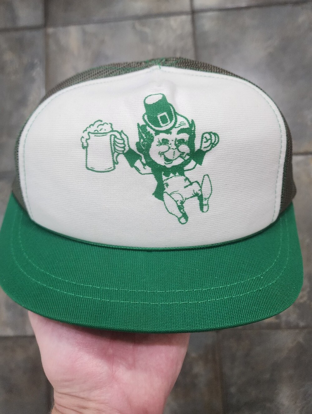 Vintage 80s Irish Leprechaun Beer Wide Brim Foam Mesh Green Snapback Hat